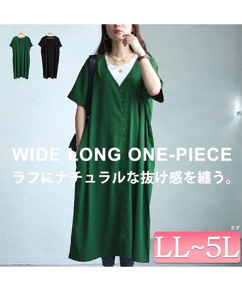 GOLDJAPAN(ゴールドジャパン)の「Vネックワイドロングワンピース【大きいサイズ対応】(ワンピース・レディース・ブラック/グリーン・LL~3L/4L~5L)」の3枚目の写真