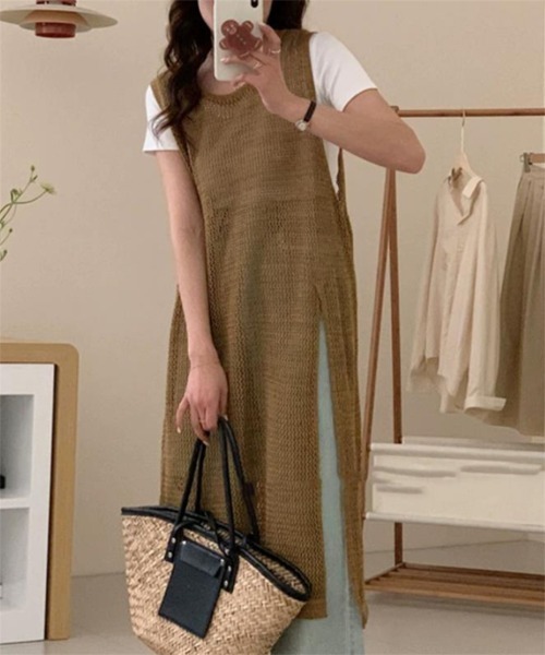 Ritzy(リッツィー)の「レイヤード メッシュニット ノースリーブワンピース(ワンピース・レディース・ブラック/モカ/ホワイト・FREE)」の3枚目の写真
