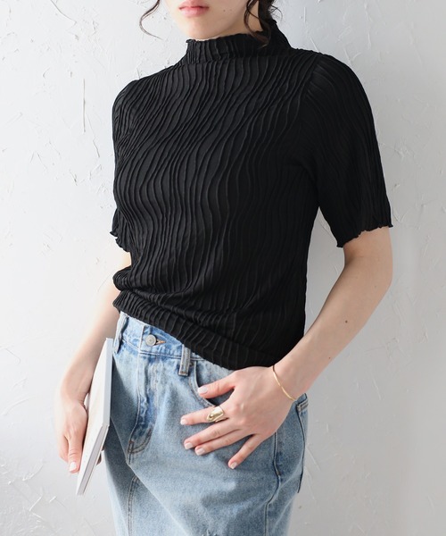 Fizz(フィズ)の「ウェーブジャガード ボトルネックTee(Tシャツ/カットソー・レディース・グレイッシュベージュ/アイボリー/ブラック/ブルー/ライム・M)」の1枚目の写真