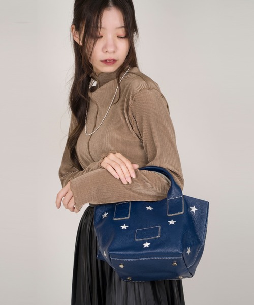 セール】【NUR/ヌール】星柄刺繍 ミニ レザー トートバッグ