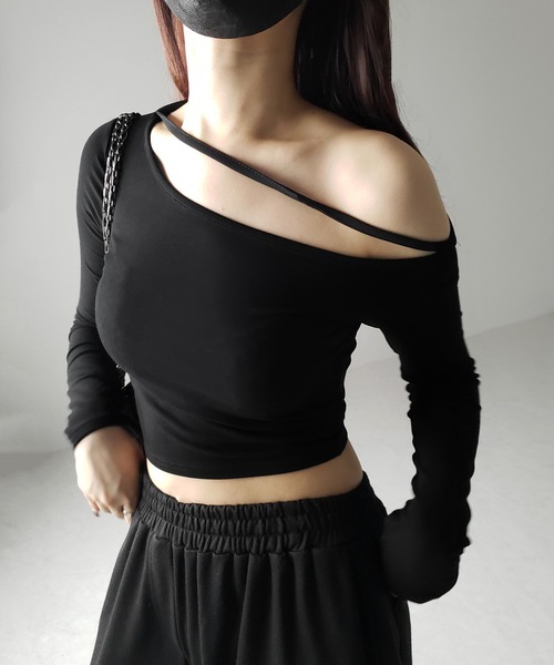 me+em select（ミームセレクト）の「【 ３color 】ストラップワンショルダーショートカットソートップス ／ strap one shoulder short cutsew tops（Tシャツ/カットソー・レディース・ホワイト/ブラック/グレー・FREE）」の4枚目の写真