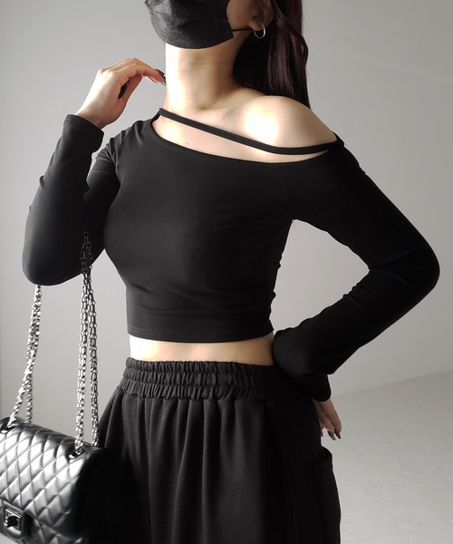 me+em select（ミームセレクト）の「【 ３color 】ストラップワンショルダーショートカットソートップス ／ strap one shoulder short cutsew tops（Tシャツ/カットソー・レディース・ホワイト/ブラック/グレー・FREE）」の6枚目の写真