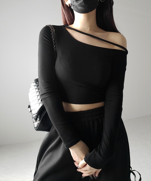 me+em select（ミームセレクト）の「【 ３color 】ストラップワンショルダーショートカットソートップス ／ strap one shoulder short cutsew tops（Tシャツ/カットソー・レディース・ホワイト/ブラック/グレー・FREE）」の8枚目の写真