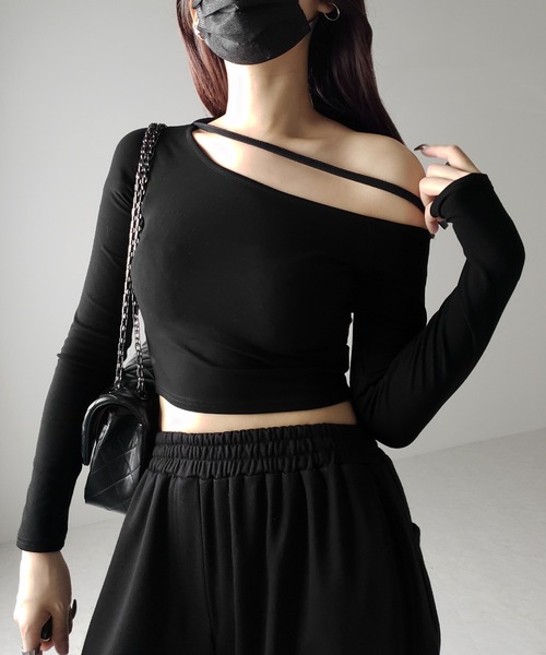 me+em select（ミームセレクト）の「【 ３color 】ストラップワンショルダーショートカットソートップス ／ strap one shoulder short cutsew tops（Tシャツ/カットソー・レディース・ホワイト/ブラック/グレー・FREE）」の9枚目の写真