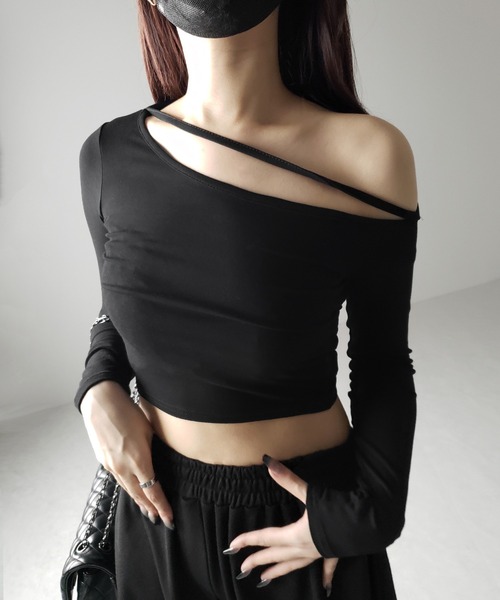 me+em select（ミームセレクト）の「【 ３color 】ストラップワンショルダーショートカットソートップス ／ strap one shoulder short cutsew tops（Tシャツ/カットソー・レディース・ホワイト/ブラック/グレー・FREE）」の7枚目の写真