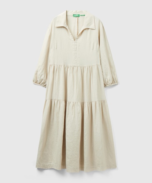 BENETTON (UNITED COLORS OF BENETTON)（ベネトンユナイテッドカラーズオブベネトン）の「リネン100％襟付き長袖ティアードロングワンピース（ワンピース・レディース・ピンクベージュ/カーキ/ブラック/ライトベージュ・X-SMALL/MEDIUM/SMALL/XX-SMALL）」の20枚目の写真