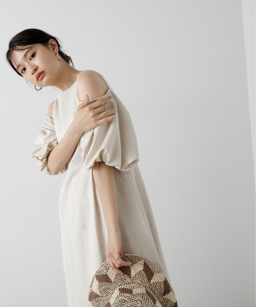 N.（N. Natural Beauty Basic）（エヌエヌナチュラルビューティーベーシック）の「◆【S Size Line】２ｗａｙスリーブ麻混ワンピース（ワンピース・レディース・イエロー/ホワイト/パープル・MEDIUM/SMALL）」の2枚目の写真