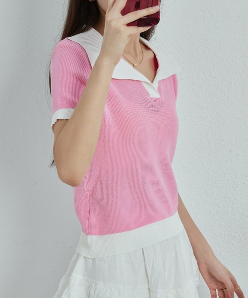 MAISON DE THERESE(メゾン ド テレーズ)の「バイカラーニットTシャツ(Tシャツ/カットソー・レディース・ブラック/ピンク/ホワイト・M)」の3枚目の写真