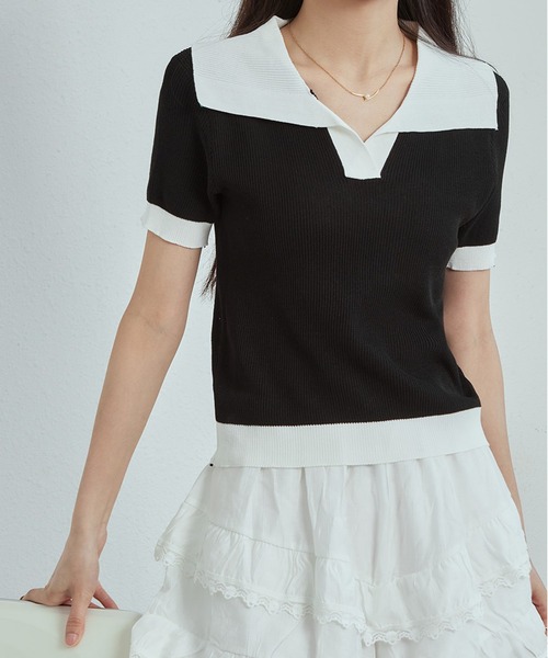 MAISON DE THERESE(メゾン ド テレーズ)の「バイカラーニットTシャツ(Tシャツ/カットソー・レディース・ブラック/ピンク/ホワイト・M)」の2枚目の写真