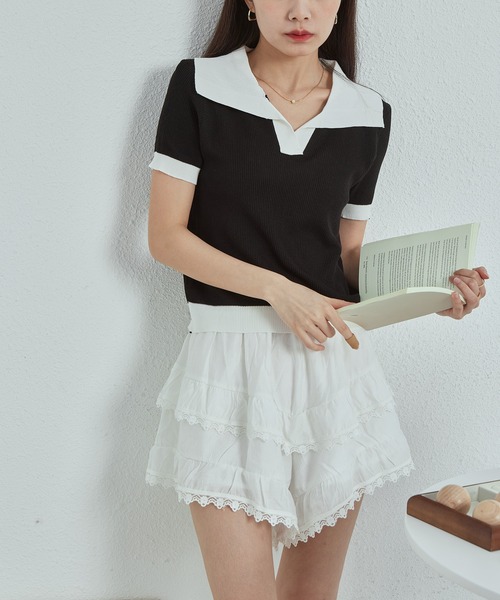 MAISON DE THERESE(メゾン ド テレーズ)の「バイカラーニットTシャツ(Tシャツ/カットソー・レディース・ブラック/ピンク/ホワイト・M)」の6枚目の写真