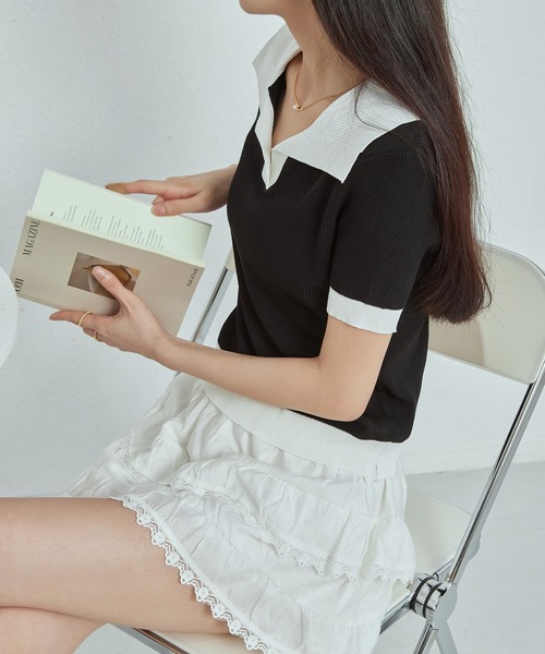 MAISON DE THERESE(メゾン ド テレーズ)の「バイカラーニットTシャツ(Tシャツ/カットソー・レディース・ブラック/ピンク/ホワイト・M)」の7枚目の写真