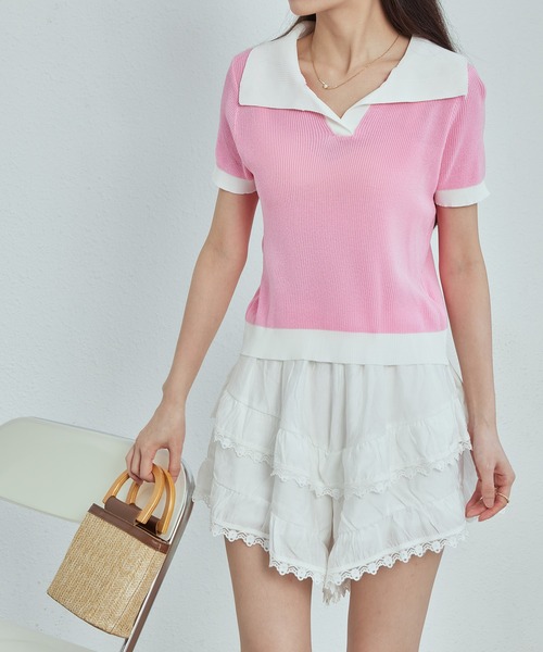 MAISON DE THERESE(メゾン ド テレーズ)の「バイカラーニットTシャツ(Tシャツ/カットソー・レディース・ブラック/ピンク/ホワイト・M)」の9枚目の写真