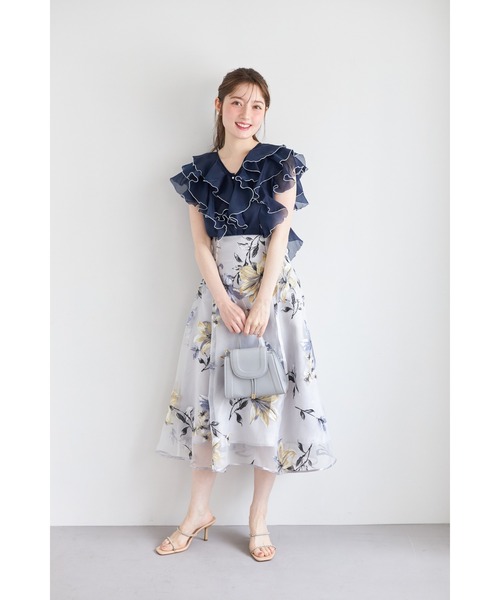 トッコクローゼット tocco closet キャミソール付きパールボタン配色ラッフルフリルオーガンジーブラウス （グレイッシュブルー） キャミソール付きパールボタン配色ラッフルフリルオーガンジー