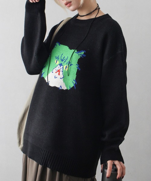 SpRay（スプレイ）の「にゃんにゃんジャガードニット（ニット/セーター・レディース・ネイビー/グレー/ブラック/アイボリー・FREE）」の7枚目の写真