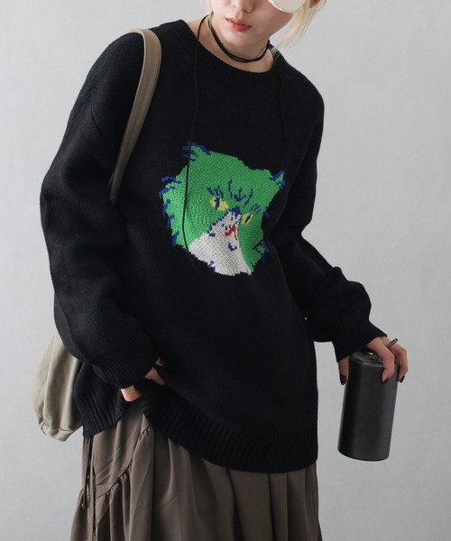 SpRay（スプレイ）の「にゃんにゃんジャガードニット（ニット/セーター・レディース・ネイビー/グレー/ブラック/アイボリー・FREE）」の10枚目の写真