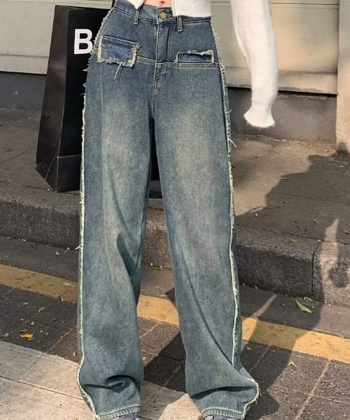 デニム ジーンズ ワイドレッグ ウォッシュ フレア 韓国 m7048 レトロウォッシュワイドレッグストレートデニム(デニムパンツ