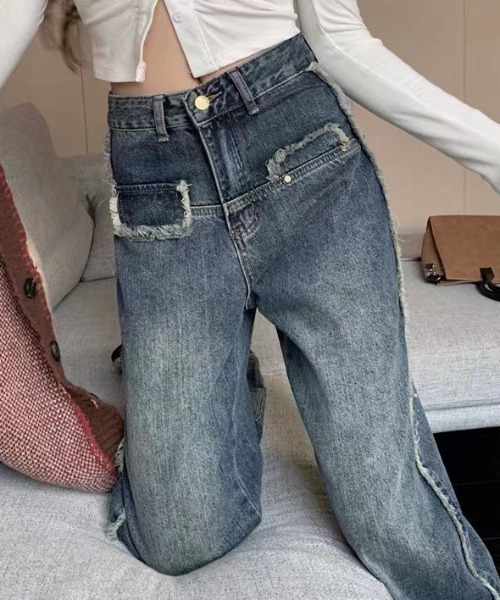 レトロウォッシュワイドレッグストレートデニム（デニムパンツ