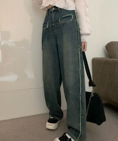 レトロウォッシュワイドレッグストレートデニム（デニムパンツ