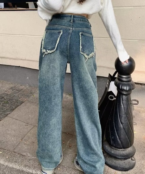 ワイド デニムパンツ M~XL ウォッシュド ストリート ストリートファッション スケーター系ワイドデニムパンツ デニム