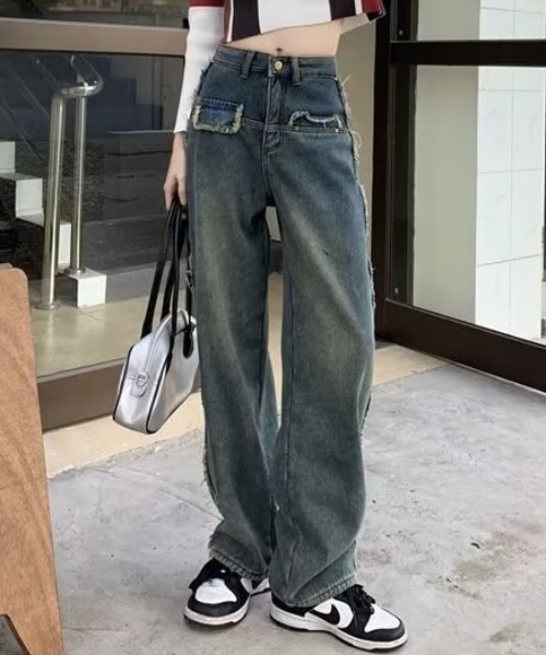 レトロウォッシュワイドレッグストレートデニム（デニムパンツ