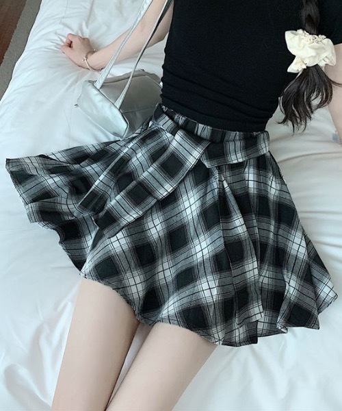 セール】オンブレチェック柄 腰巻きラップ風 フレアミニスカート