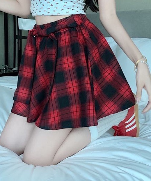 セール】オンブレチェック柄 腰巻きラップ風 フレアミニスカート