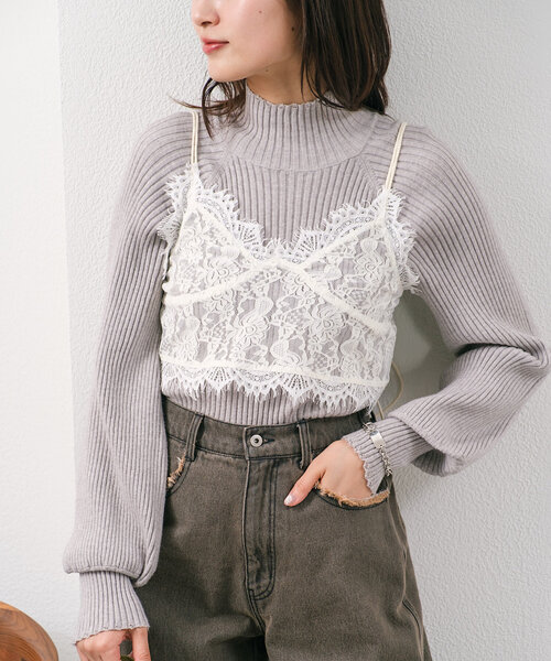 Kastane（カスタネ）の「【4色展開】レースハイネックリブニット