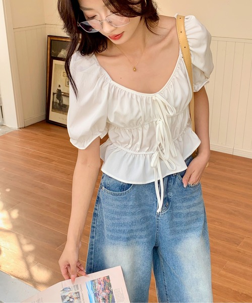 everycoco(エブリーココ)の「2WAYリボンパフスリーブ半袖ブラウス(シャツ/ブラウス・レディース・ホワイト/ブラック・FREE)」の12枚目の写真