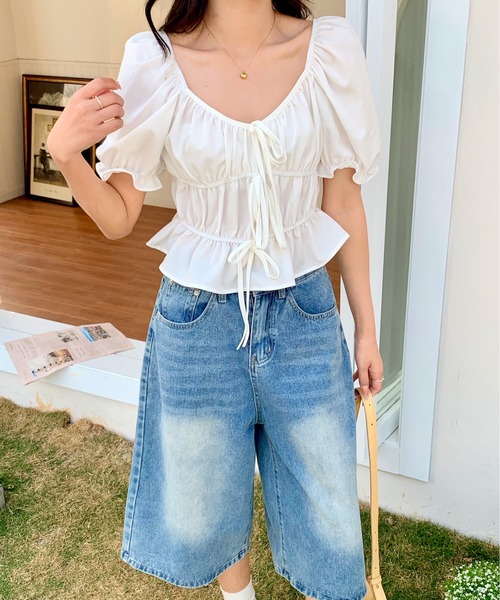 everycoco(エブリーココ)の「2WAYリボンパフスリーブ半袖ブラウス(シャツ/ブラウス・レディース・ホワイト/ブラック・FREE)」の4枚目の写真
