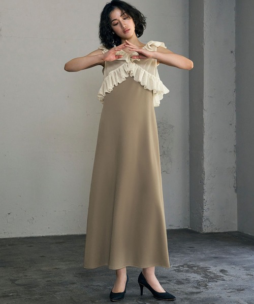 girl(ガール)の「チュールフリルベスト キャミソールロングワンピース セット 結婚式 ワンピース パーティードレス オケージョンドレス お呼ばれ 二次会 成人式 同窓会 謝恩会(ドレス・レディース・グレー/グレイッシュベージュ/ブラック・FREE)」の5枚目の写真
