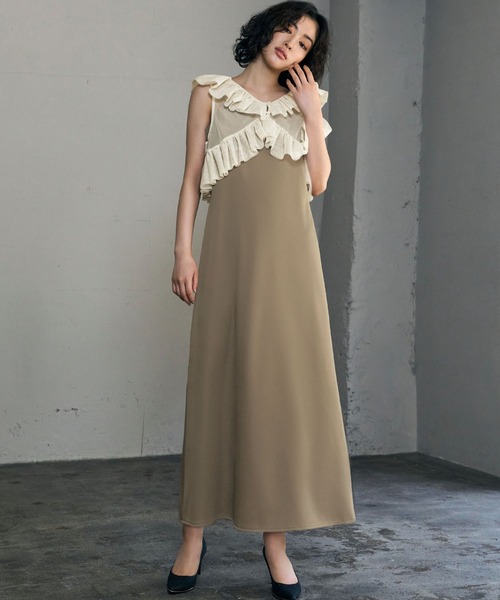 girl(ガール)の「チュールフリルベスト キャミソールロングワンピース セット 結婚式 ワンピース パーティードレス オケージョンドレス お呼ばれ 二次会 成人式 同窓会 謝恩会(ドレス・レディース・グレー/グレイッシュベージュ/ブラック・FREE)」の6枚目の写真