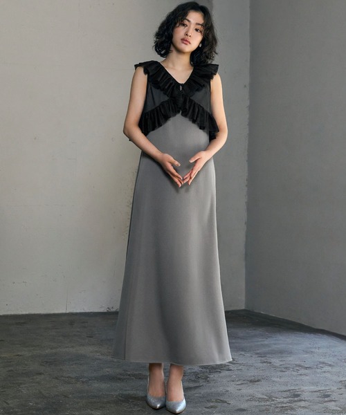 girl(ガール)の「チュールフリルベスト キャミソールロングワンピース セット 結婚式 ワンピース パーティードレス オケージョンドレス お呼ばれ 二次会 成人式 同窓会 謝恩会(ドレス・レディース・グレー/グレイッシュベージュ/ブラック・FREE)」の10枚目の写真