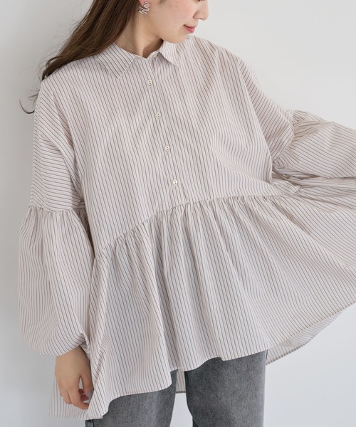 ELENCARE DUE(エレンカーレデュエ)の「・ELENCARE DUE ストライプシャツチュニック(チュニック・レディース・ベージュ/ミント/ピンク/オフホワイト・FREE)」の1枚目の写真