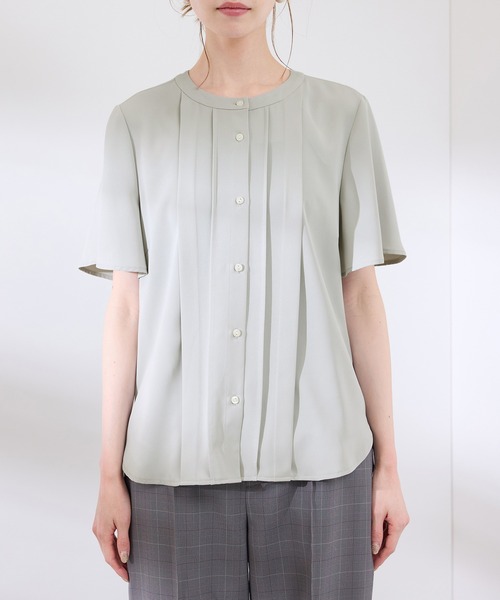 tope shrink/half ブラウス 多機能ランダムタックハーフスリーブ