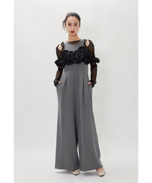 niana(ニアナ)の「ラッフルビスチェパンツドレス 3点セット オールインワン シアーブラウス 結婚式 二次会 同窓会 成人式 お呼ばれ パーティードレス オケージョンドレス(パンツドレス・レディース・ブラック/グレー/ベージュ/ベージュ×ブラック・S/M/L)」の3枚目の写真