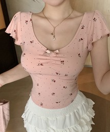 小花モチーフ チビリボン コンパクト Tシャツ(CZ)
