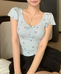 小花モチーフ チビリボン コンパクト Tシャツ(CZ)