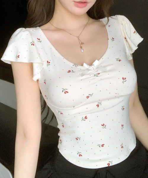 VIBGYOR（ヴィブジョー）の「小花モチーフ チビリボン コンパクト Tシャツ(CZ)（Tシャツ/カットソー・レディース・ブラック/ピンク/ブルー/アイボリー・FREE）」の2枚目の写真