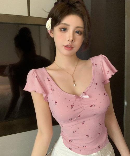 VIBGYOR（ヴィブジョー）の「小花モチーフ チビリボン コンパクト Tシャツ(CZ)（Tシャツ/カットソー・レディース・ブラック/ピンク/ブルー/アイボリー・FREE）」の8枚目の写真