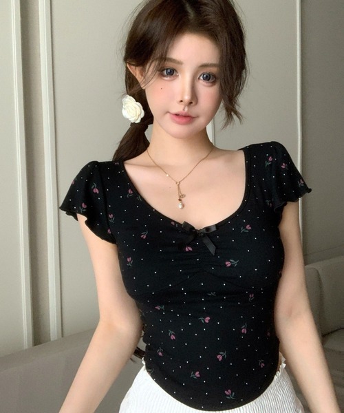 VIBGYOR（ヴィブジョー）の「小花モチーフ チビリボン コンパクト Tシャツ(CZ)（Tシャツ/カットソー・レディース・ブラック/ピンク/ブルー/アイボリー・FREE）」の13枚目の写真