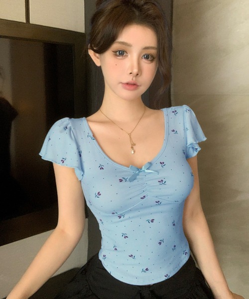 VIBGYOR（ヴィブジョー）の「小花モチーフ チビリボン コンパクト Tシャツ(CZ)（Tシャツ/カットソー・レディース・ブラック/ピンク/ブルー/アイボリー・FREE）」の19枚目の写真