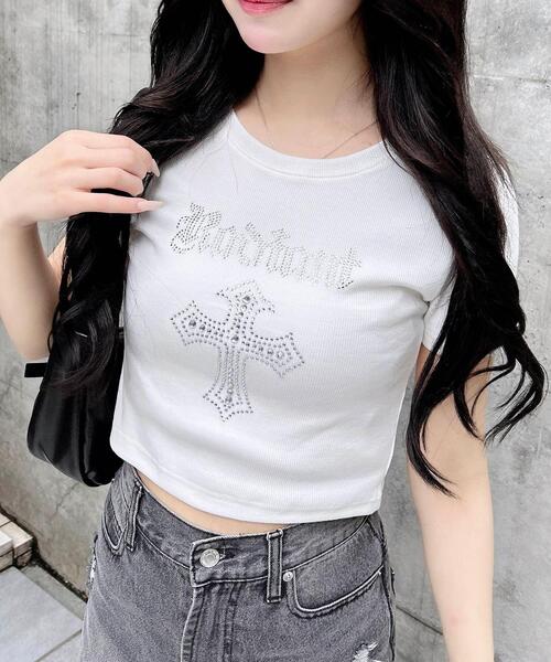 美品 レオナール Tシャツ カンカン素材 ラインストーン ブラック 総柄 L LEONARD(レオナール) 半袖カットソー サイズ42 L レディース美品