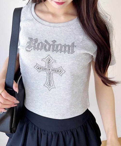 A&G クロスラインストーン　Tシャツ セール】ラインストーンクロスリブTシャツ（Tシャツ/カットソー