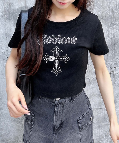 INGNI（イング）の「ラインストーンクロスリブTシャツ（Tシャツ/カットソー・レディース・ブラック/オフホワイト/グレー・M）」の5枚目の写真