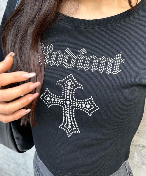 INGNI（イング）の「ラインストーンクロスリブTシャツ（Tシャツ/カットソー・レディース・ブラック/オフホワイト/グレー・M）」の8枚目の写真