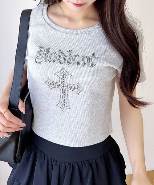 INGNI（イング）の「ラインストーンクロスリブTシャツ（Tシャツ/カットソー・レディース・ブラック/オフホワイト/グレー・M）」の11枚目の写真