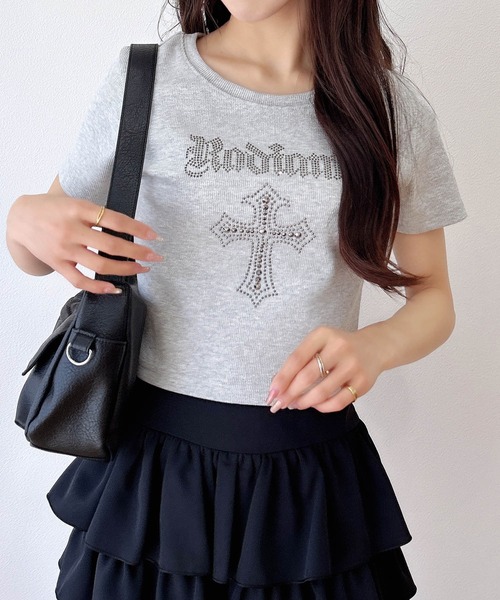 INGNI（イング）の「ラインストーンクロスリブTシャツ（Tシャツ/カットソー・レディース・ブラック/オフホワイト/グレー・M）」の13枚目の写真