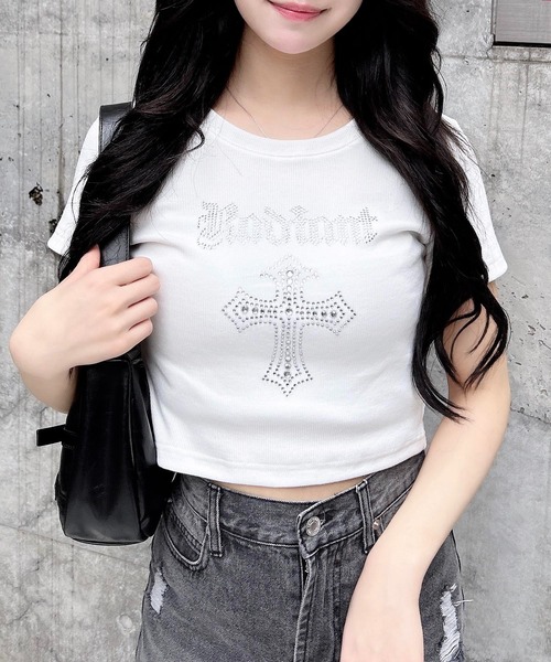 INGNI（イング）の「ラインストーンクロスリブTシャツ（Tシャツ/カットソー・レディース・ブラック/オフホワイト/グレー・M）」の17枚目の写真