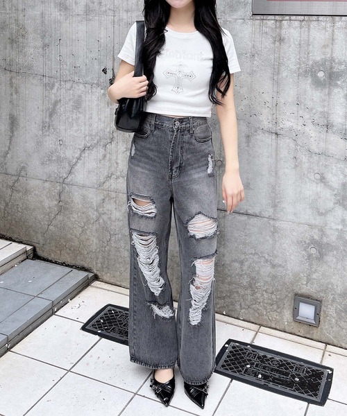 INGNI（イング）の「ラインストーンクロスリブTシャツ（Tシャツ/カットソー・レディース・ブラック/オフホワイト/グレー・M）」の20枚目の写真