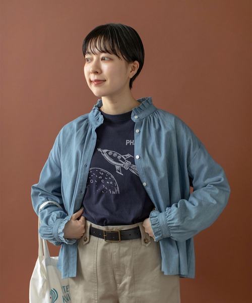 ブラウス シャツ ライトオンスデニム スタンドフリルブラウス レディース PAR ICI ブラウス シャツ ライトオンスデニム スタンドフリル